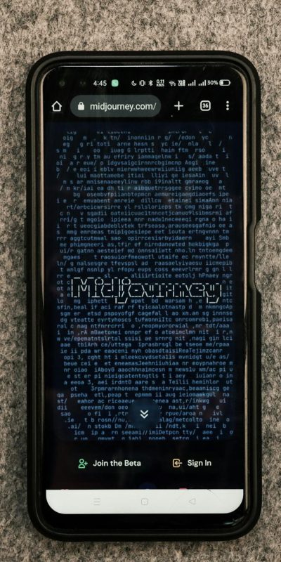 Midjourney AI produces a proprietary artificial intelligence. Man holding a smartphone iPhone